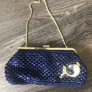 Lilly Pulitzer navy raffia clutch with gold fish